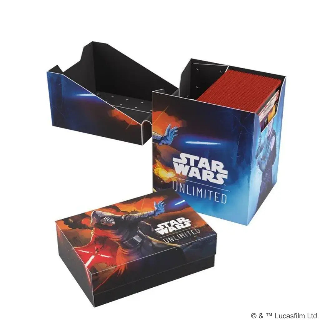 Rey and Kylo Ren Soft Crate set. An open deck box and a smaller token box feature Rey and Kylo Ren on blue and orange backgrounds.