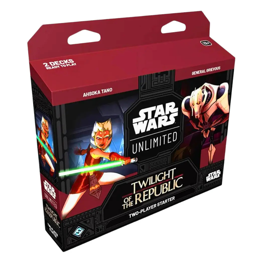 Star Wars: Unlimited - Twilight of the Republic Two-Player Starter box featuring Ahsoka Tano and General Grievous on a dark red and black background
