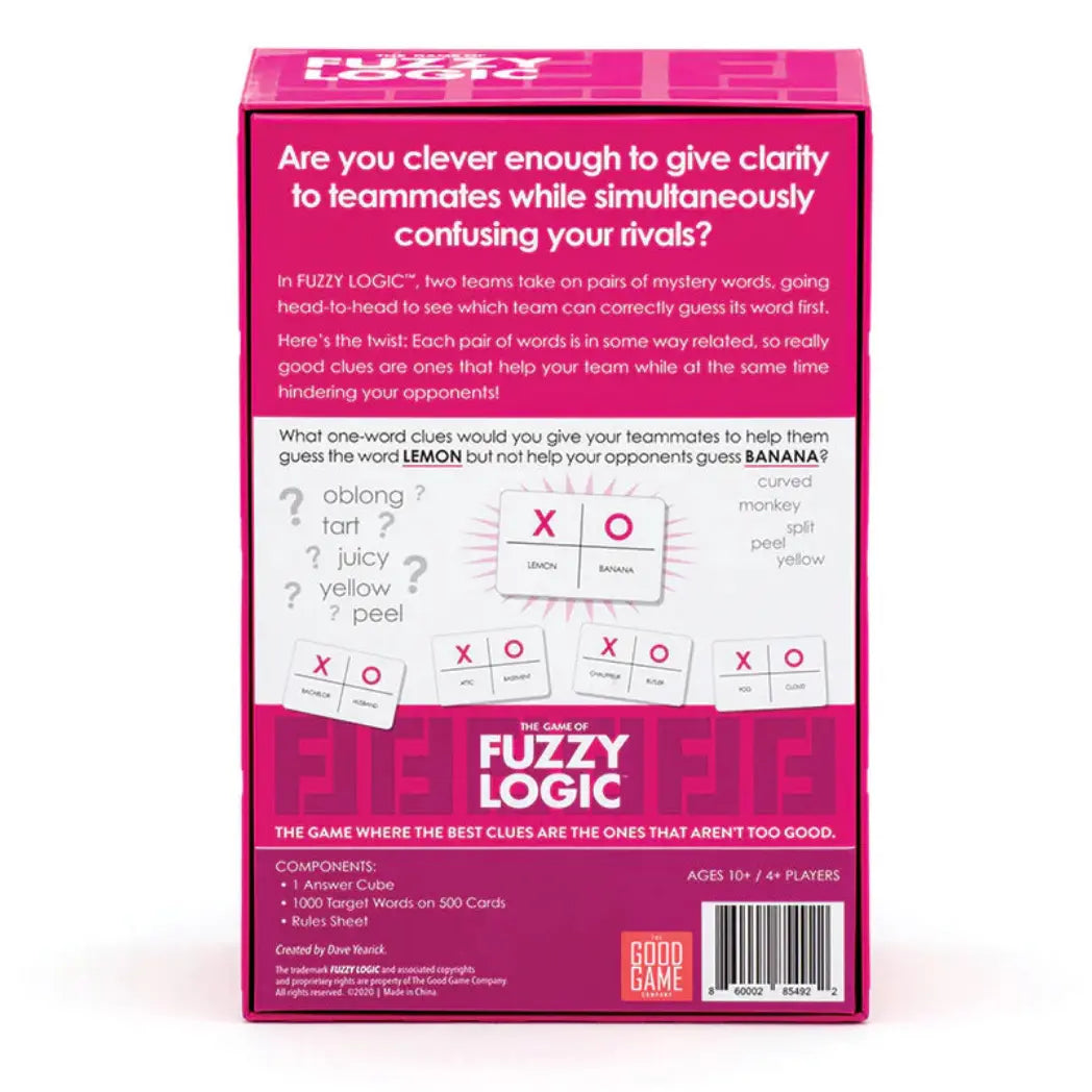 The Game of Fuzzy Logic box back featuring white descriptive text and game card examples against a pink background.
