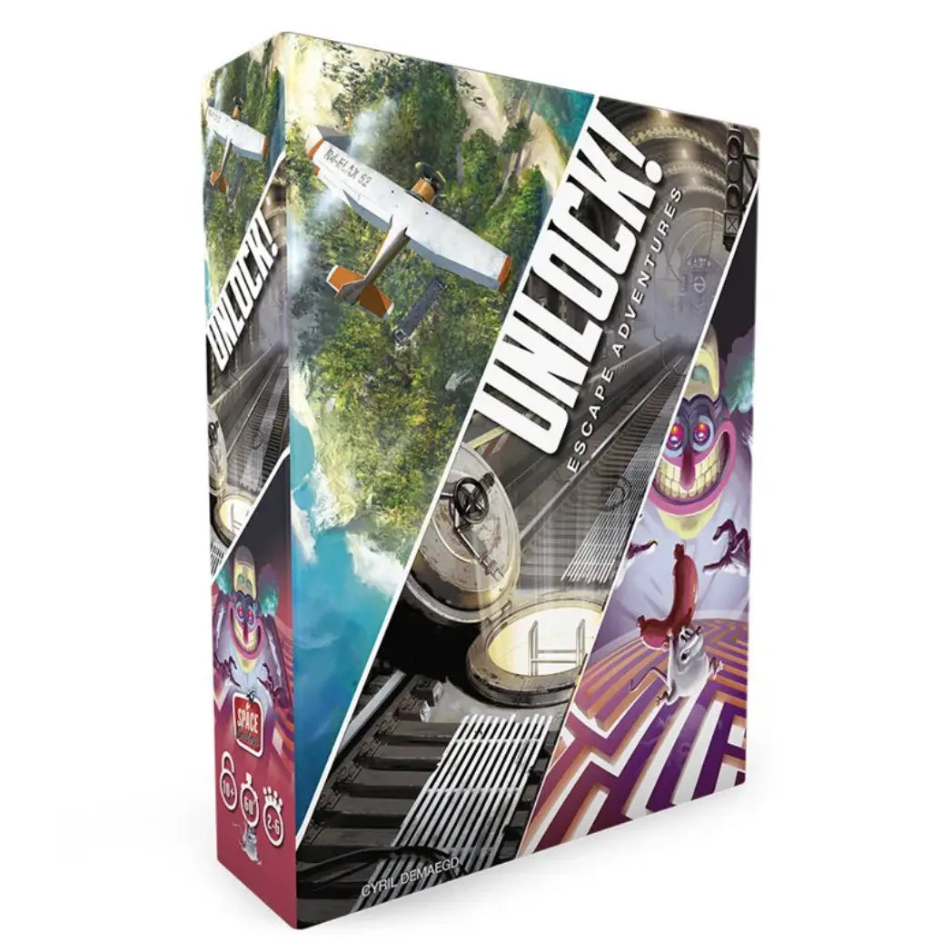 Unlock! Escape Adventures board game box featuring diagonal panels of a plane over a forest, a vault, and a cartoon laboratory.
