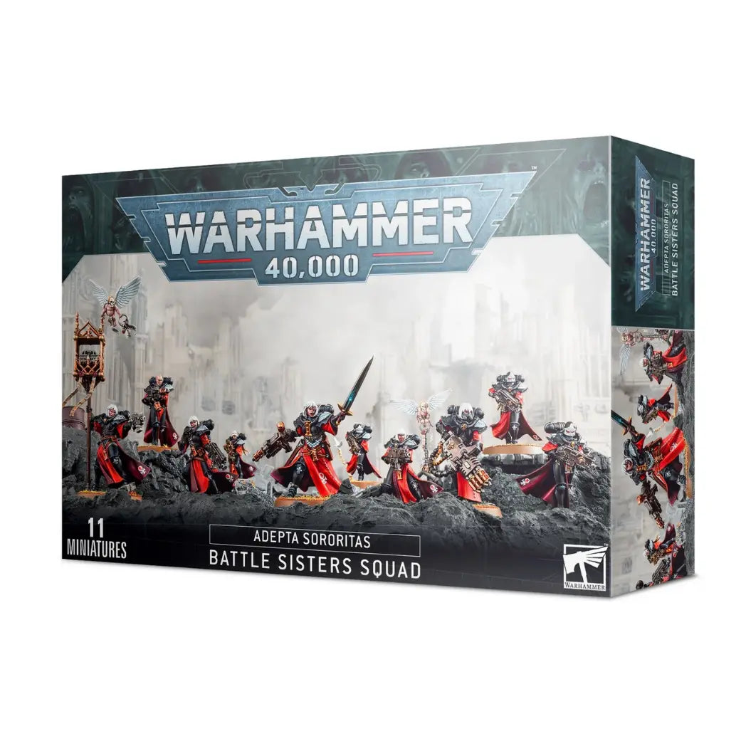 Warhammer 40,000 Adepta Sororitas Battle Sisters Squad box featuring Adepta Sororitas in black armor and red robes with bolters.