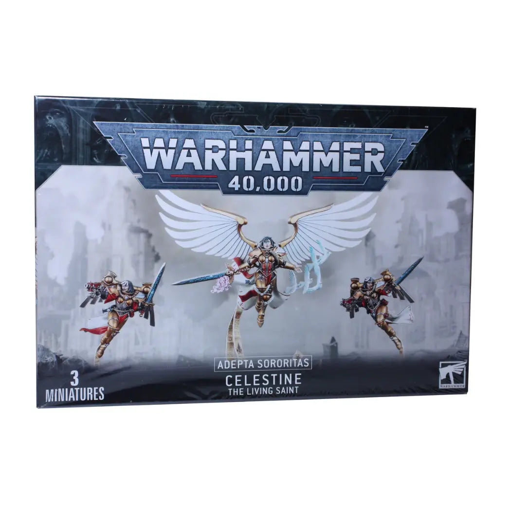 Warhammer 40,000 Celestine the Living Saint box featuring the winged saint in gold armor flanked by two Geminae Superia.