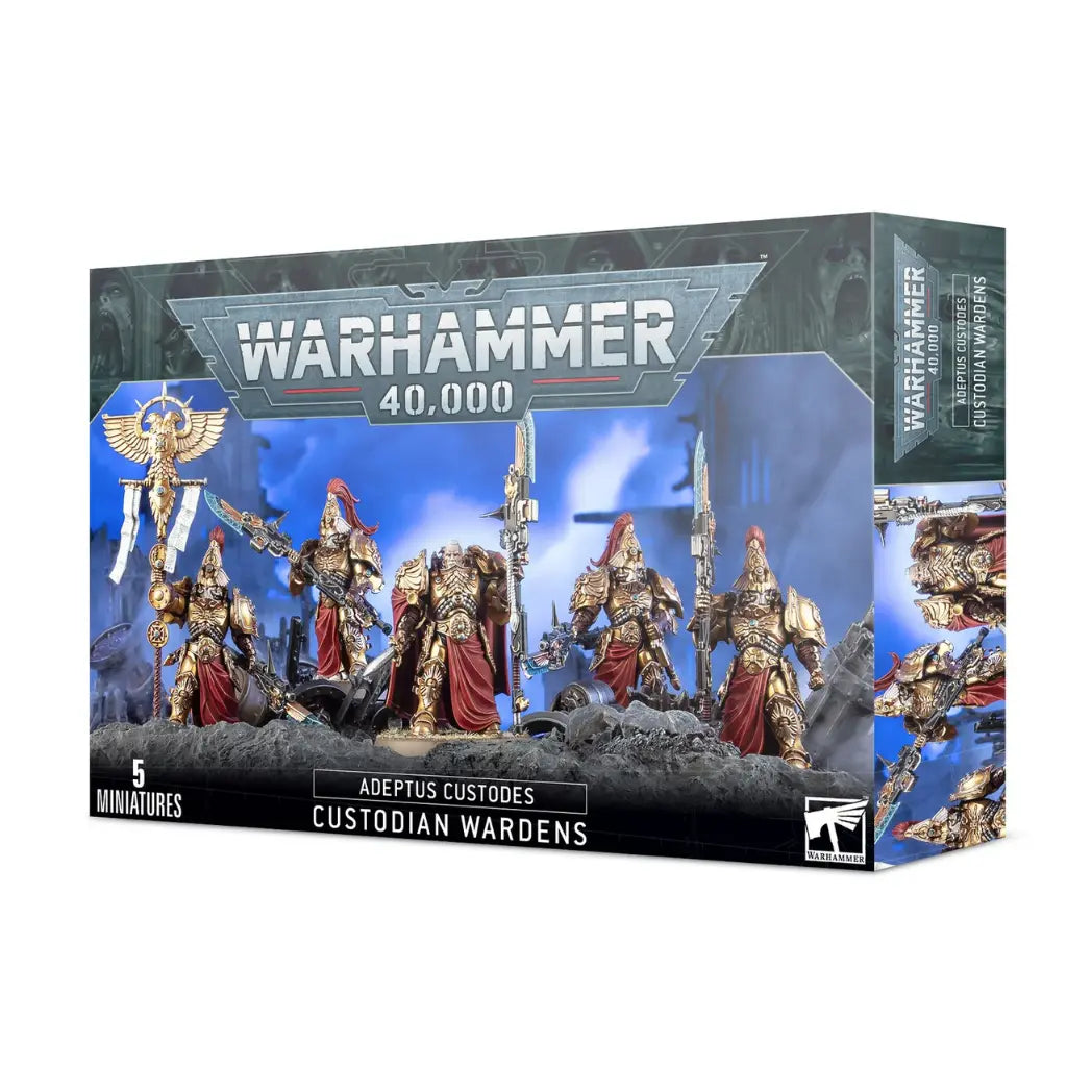 Warhammer 40k Adeptus Custodes Custodian Wardens box featuring five warriors in ornate gold armor with red robes and long guardian spears.
