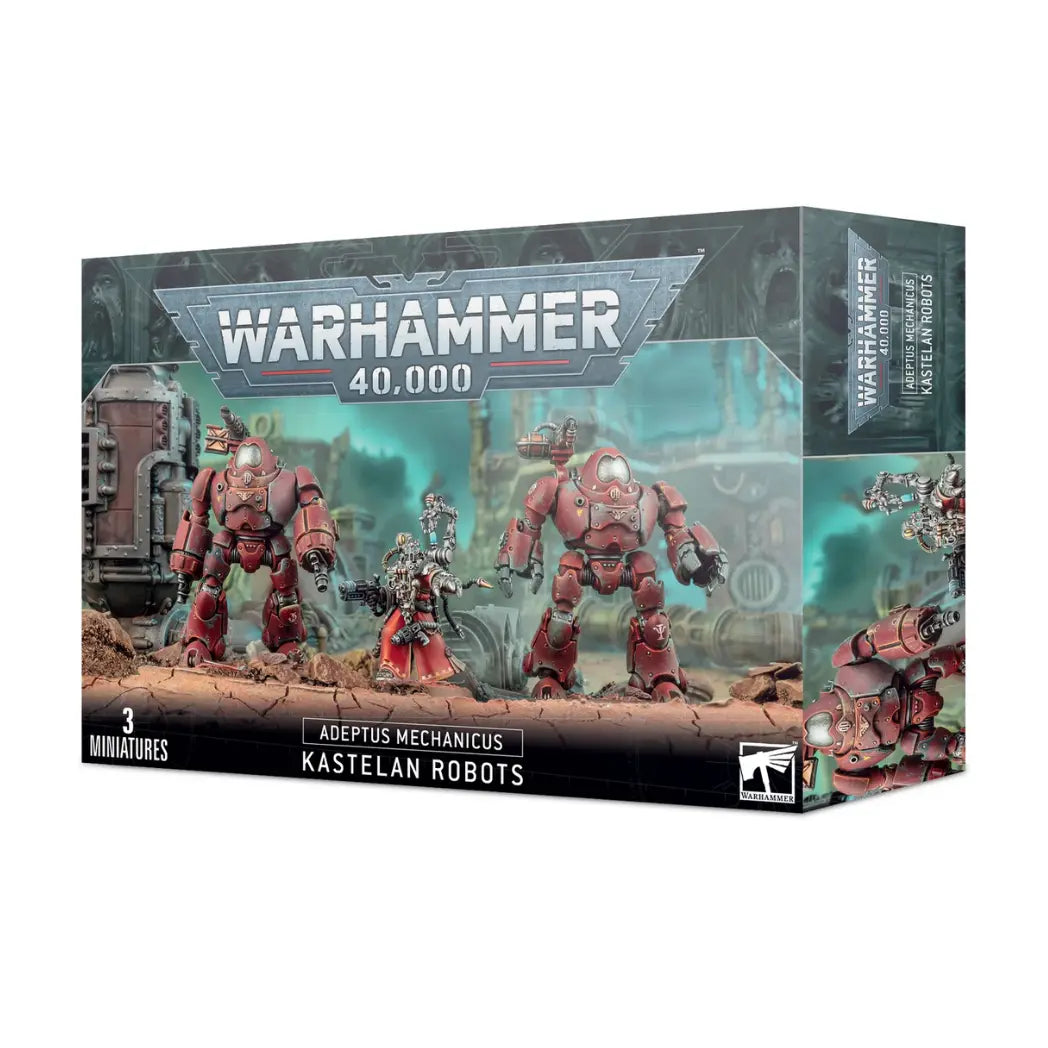 Warhammer 40k Adeptus Mechanicus Kastelan Robots box featuring two bulky red robots and a Cybernetica Datasmith in red robes.