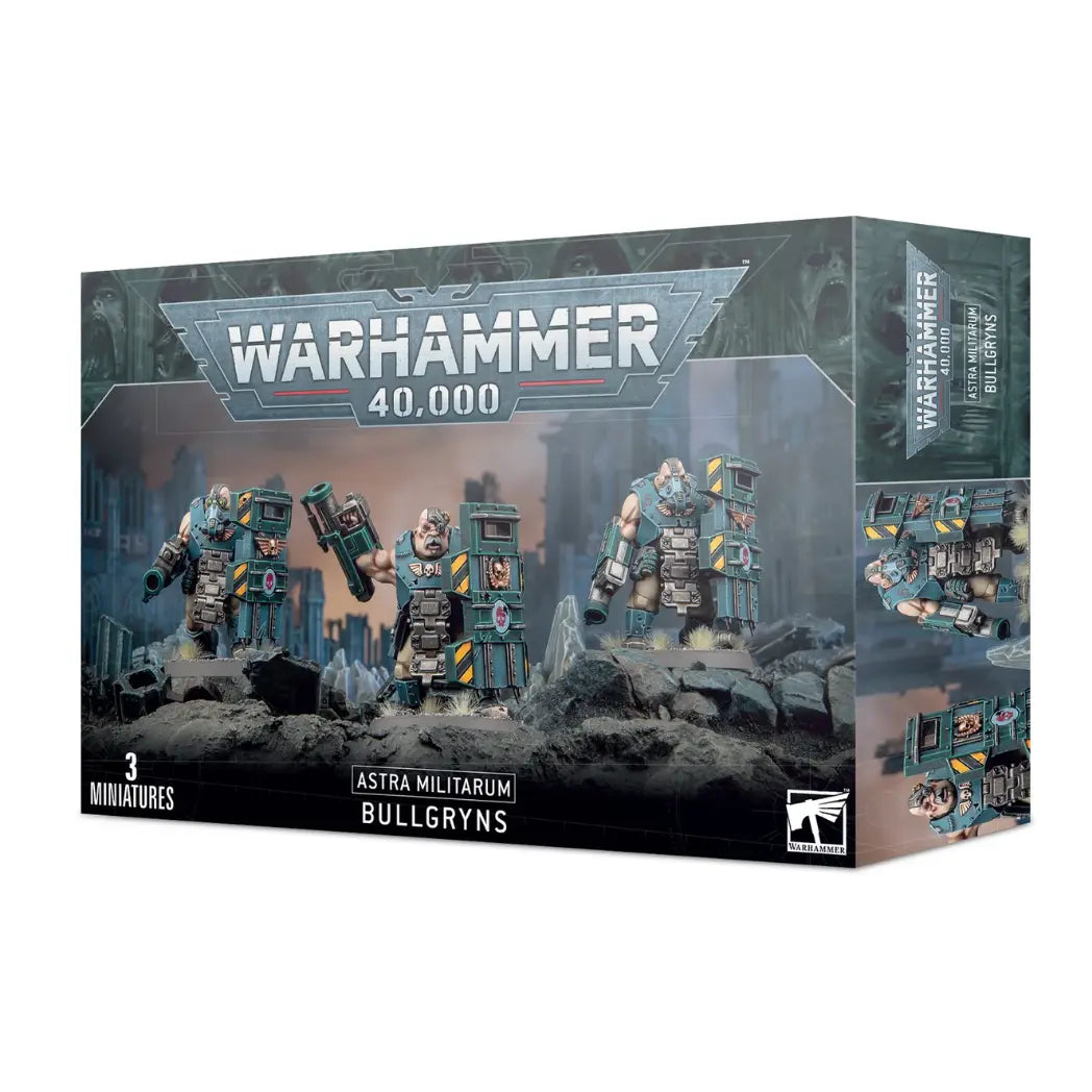 Warhammer 40k Astra Militarum Bullgryns box featuring three large abhuman warriors in teal armor with heavy slab shields and mauls.