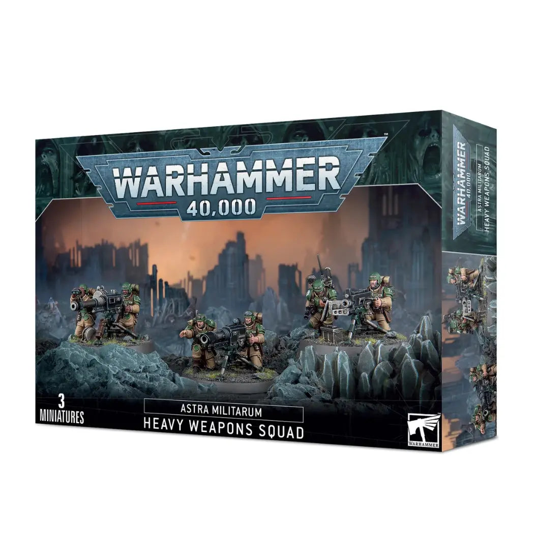 Warhammer 40k Astra Militarum Heavy Weapons Squad box featuring three teams in green and tan uniforms operating a lascannon, mortar, and bolter.