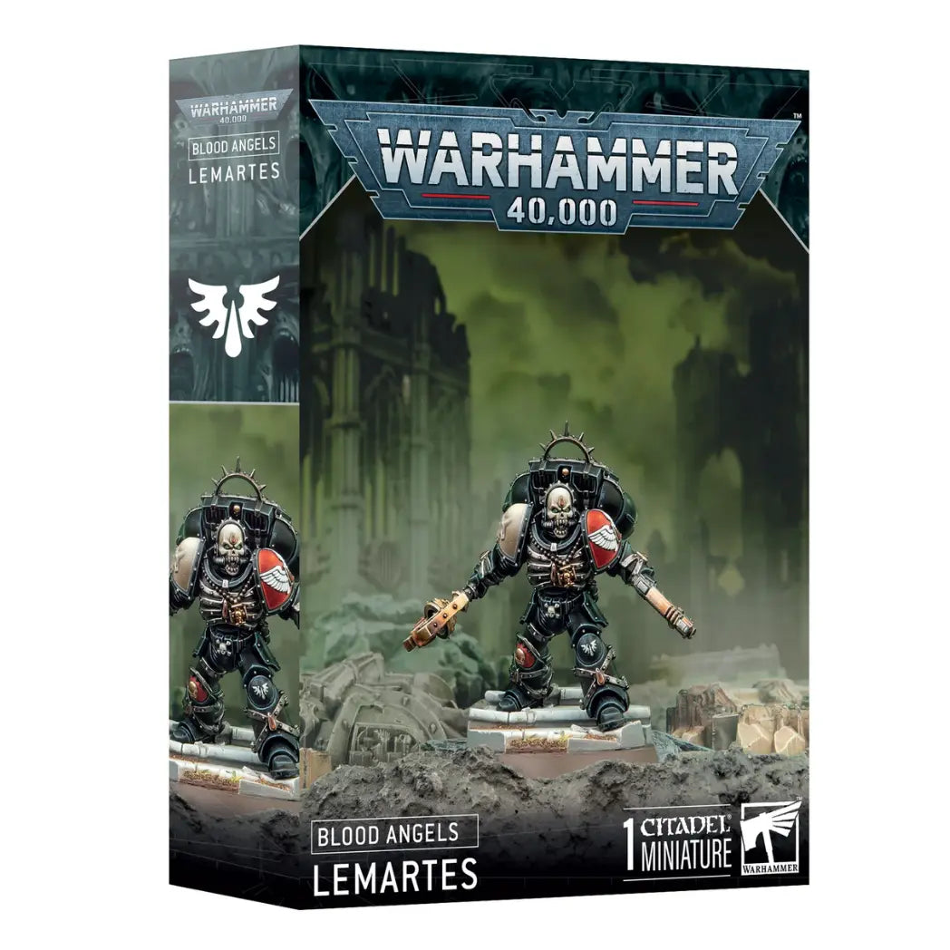 Warhammer 40,000 Blood Angels Lemartes box featuring a black-armored warrior with a skull helmet holding a golden mace.