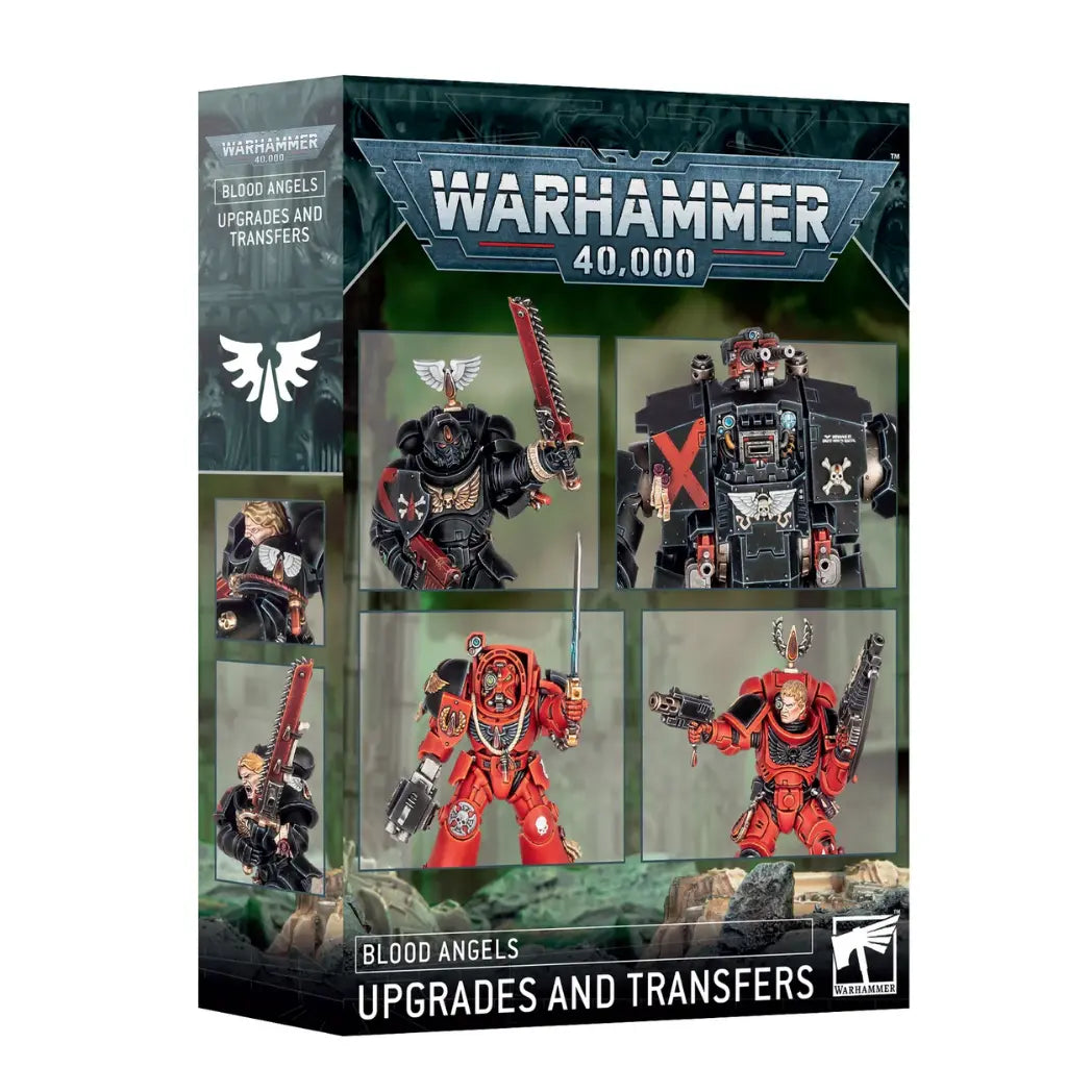 Warhammer 40,000 Blood Angels Upgrades and Transfers box displaying red and black armored warriors with assorted weapon parts.