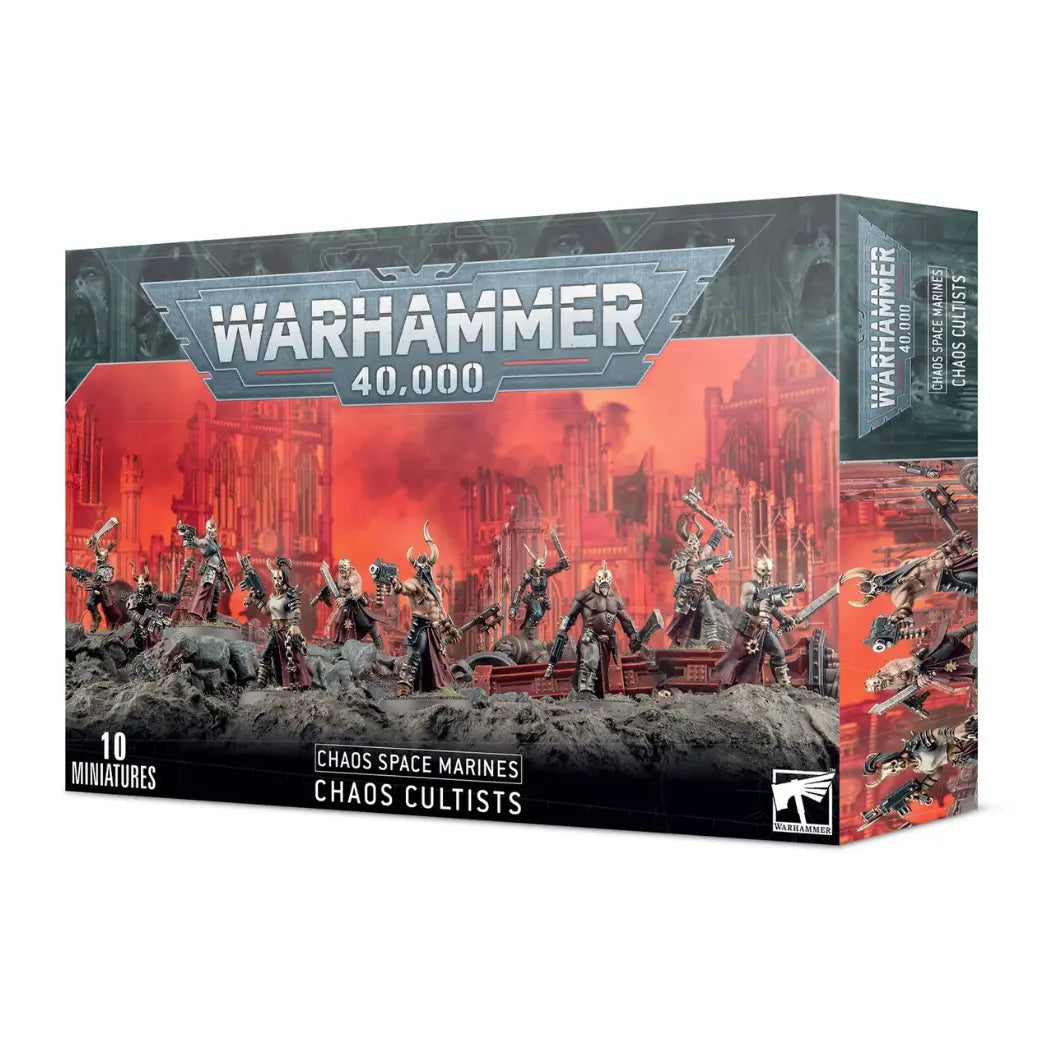 Warhammer 40,000 Chaos Cultists box featuring ten ragged, masked fighters with makeshift weapons on a rocky battlefield.