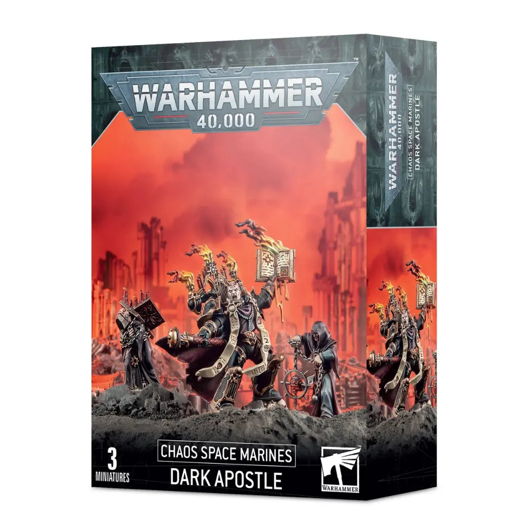 Warhammer 40,000 Dark Apostle box featuring a Chaos priest holding a flaming book, flanked by two hooded acolytes.