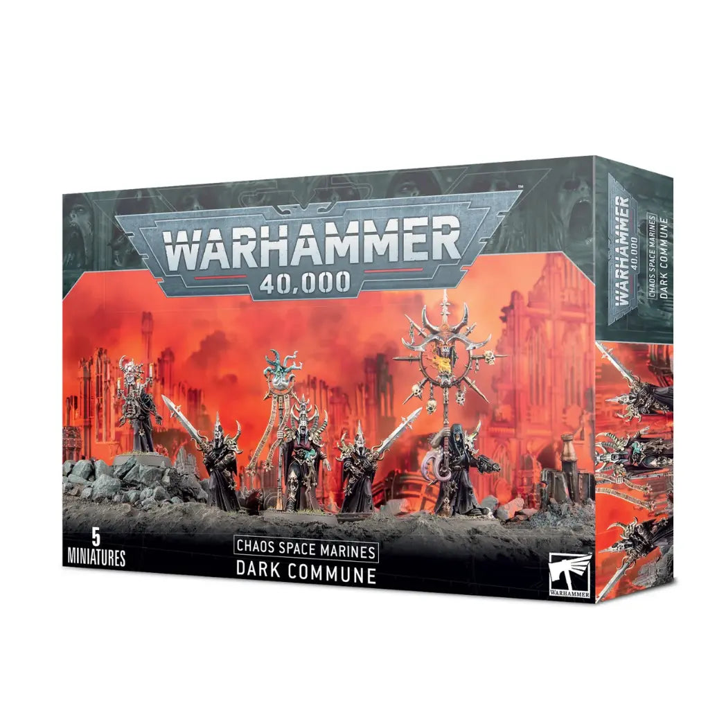 Warhammer 40,000 Dark Commune box featuring five hooded Chaos cult leaders and mutants with ornate staves and blades.