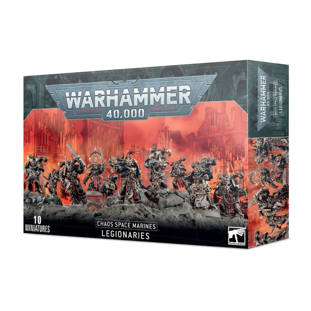 Warhammer 40,000 Legionaries box featuring ten Chaos warriors in black and gold armor on a dark, rocky battlefield.