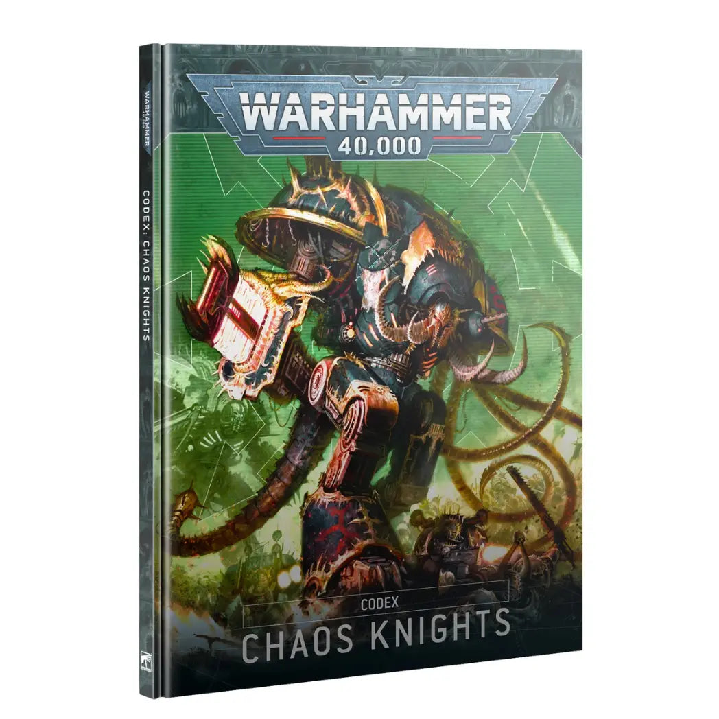 Chaos Knights Codex book featuring a corrupted mechanical walker with spikes and glowing weapons on a green background.