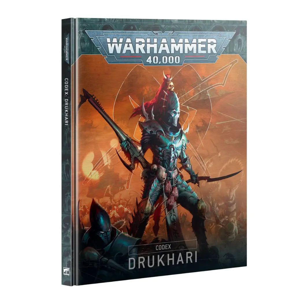 Warhammer 40k Drukhari Codex book featuring a dark elf warrior in spiked green armor holding a jagged blade on a purple background.