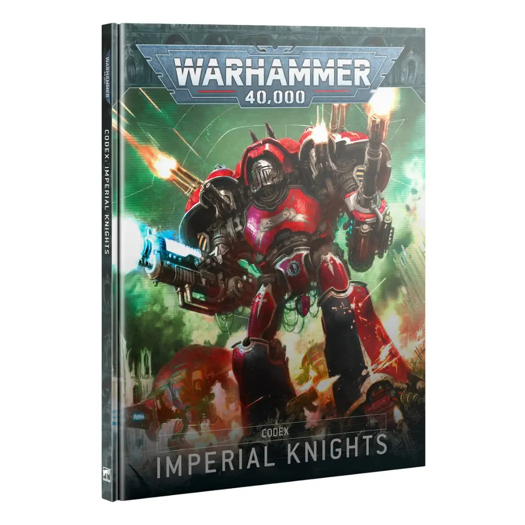Warhammer 40k Imperial Knights Codex book featuring a giant mechanical walker with a shield and cannon on a teal background.
