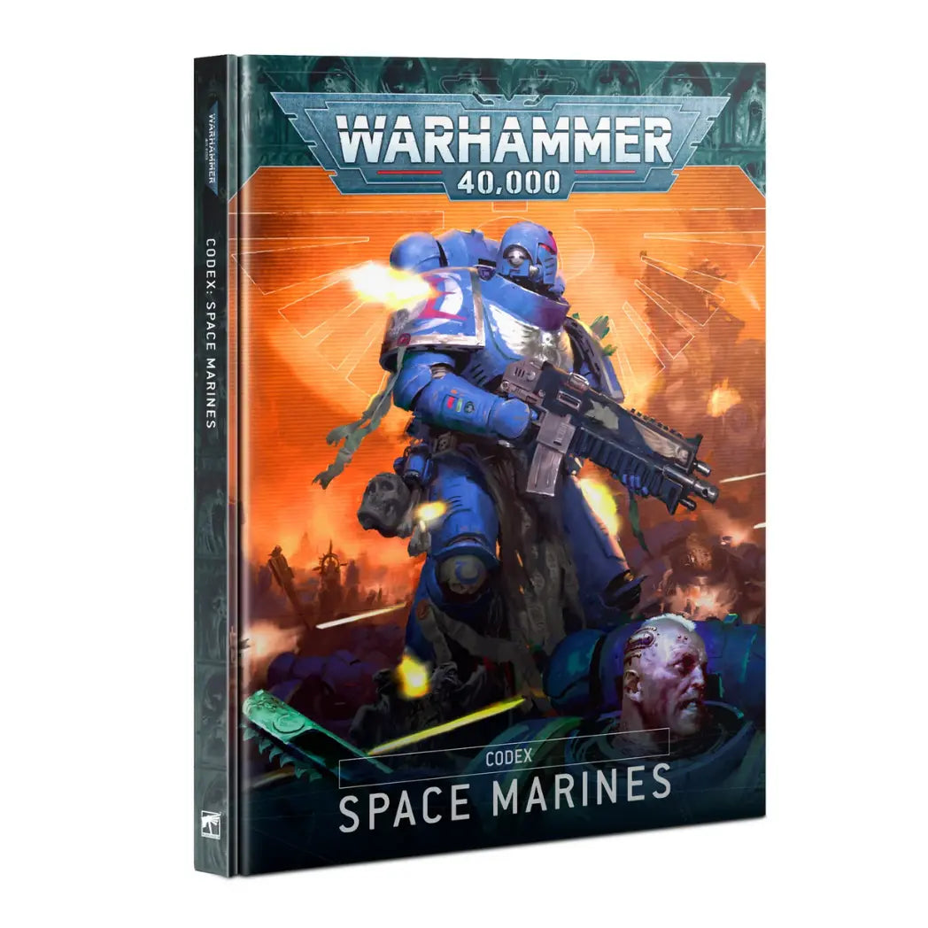 Warhammer 40,000 Space Marines Codex book featuring a blue-armored warrior with a bolt rifle against a battlefield background.