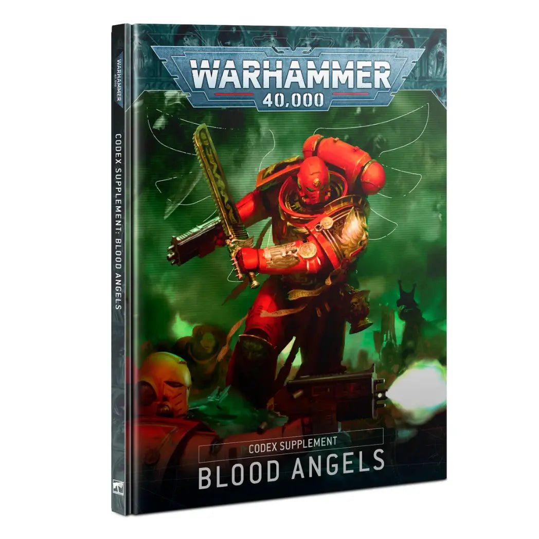 Warhammer 40,000 Blood Angels Codex Supplement book featuring a red-armored warrior with a chainsword on a green background.