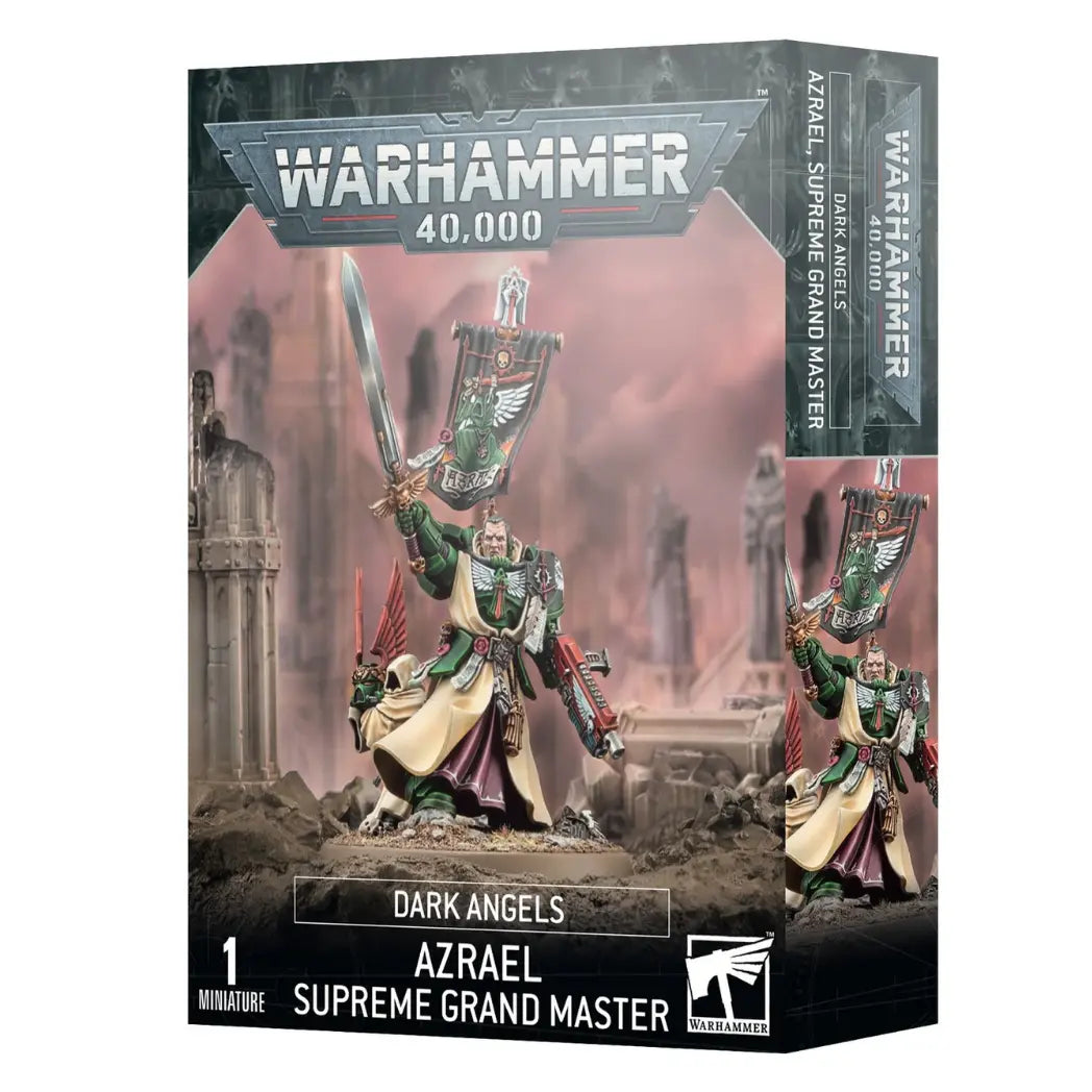 Warhammer 40,000 Azrael, Supreme Grand Master box featuring a Dark Angel in green armor and robes holding a sword and banner.