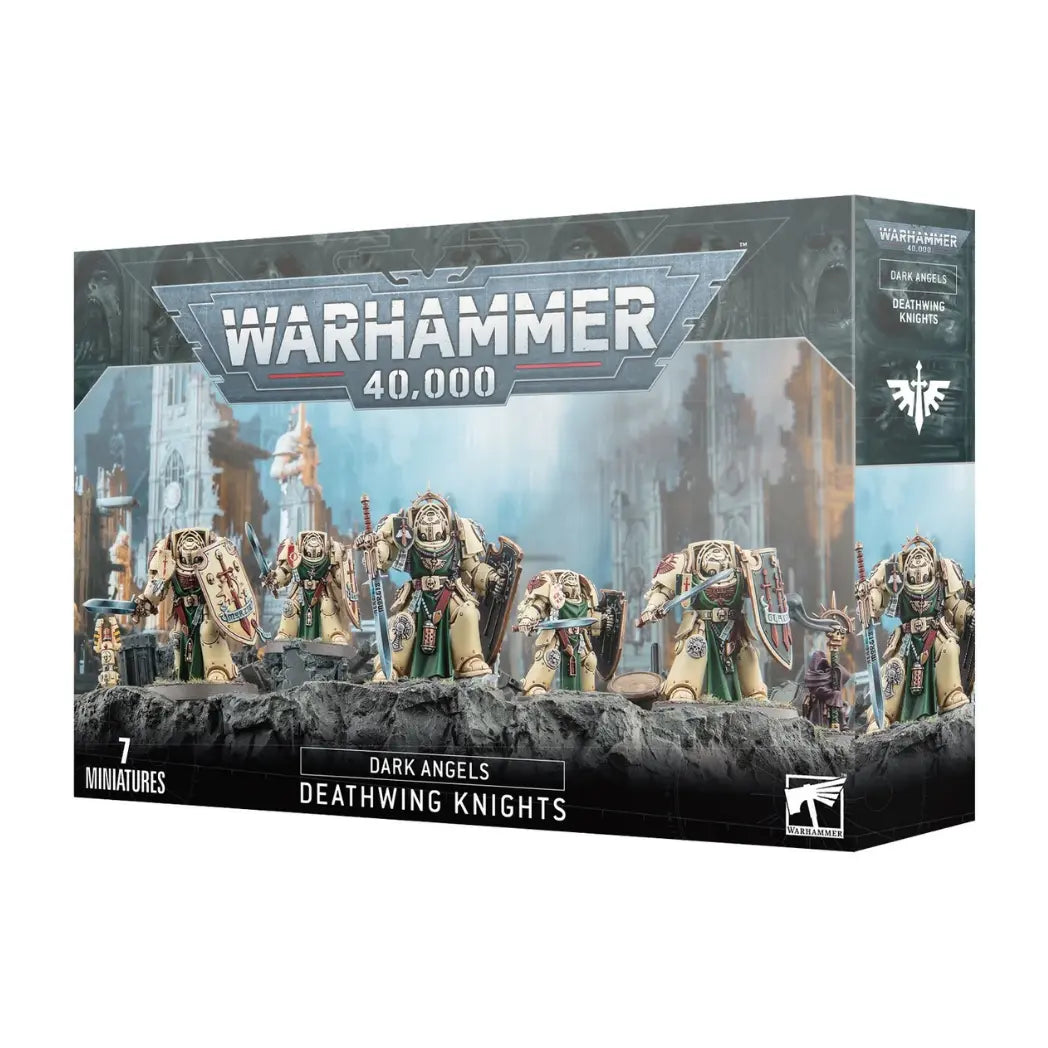 Warhammer 40,000 Deathwing Knights box featuring five warriors in bone-colored armor with shields and swords on a rocky ledge.