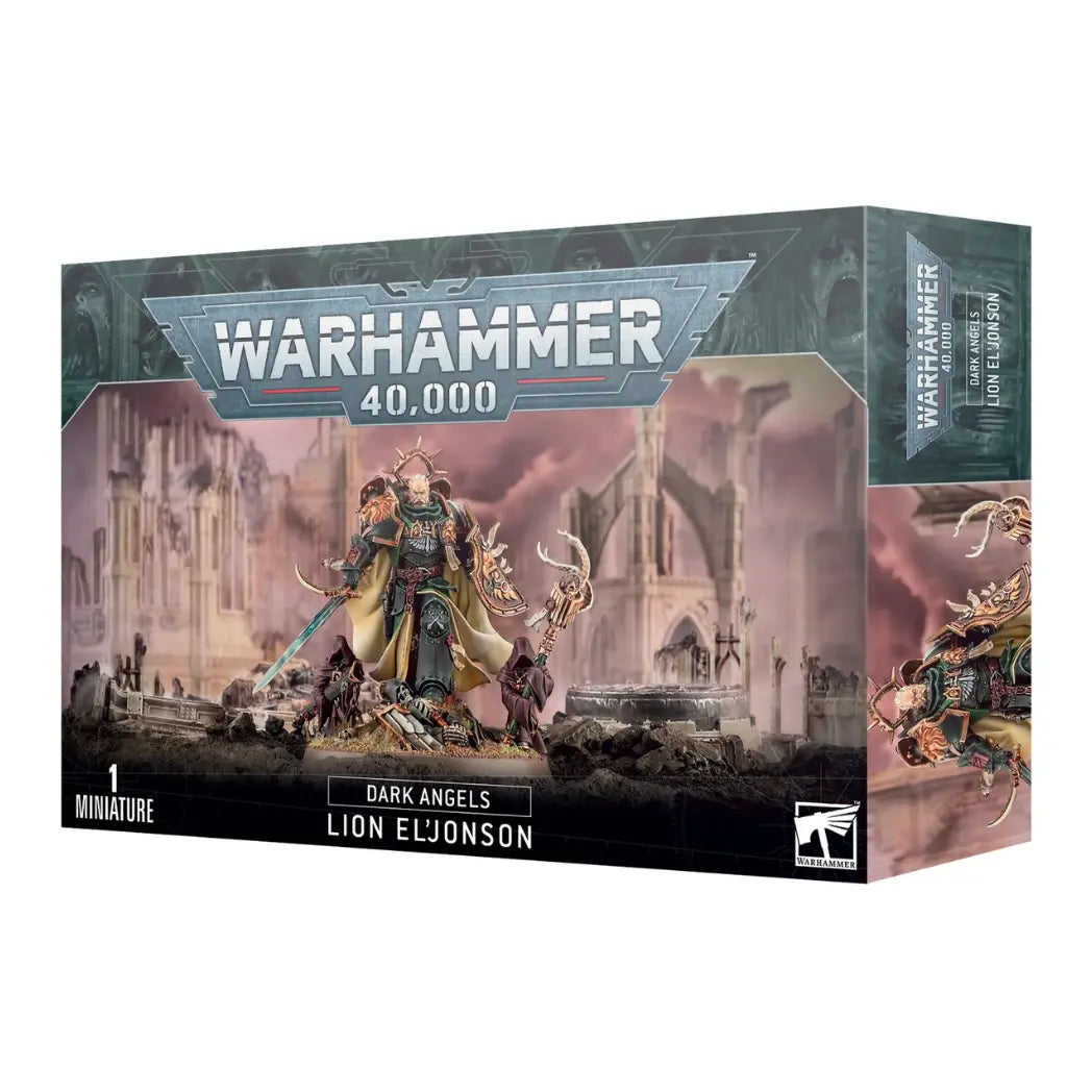Warhammer 40,000 Lion El'Jonson box featuring a legendary Dark Angel in ornate green armor with a sword and shield.