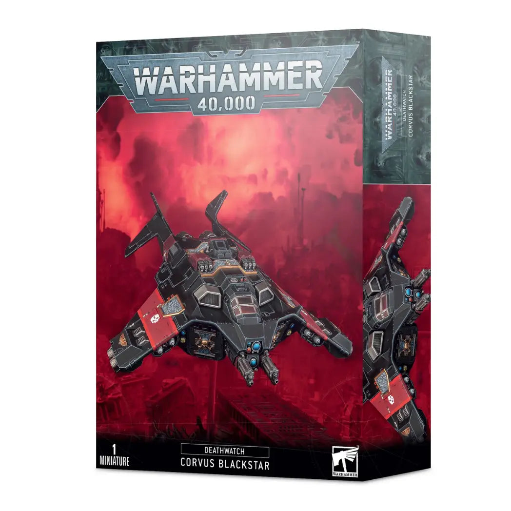 Warhammer 40,000 Deathwatch Corvus Blackstar box featuring a black and red armored aircraft flying against a red sky.