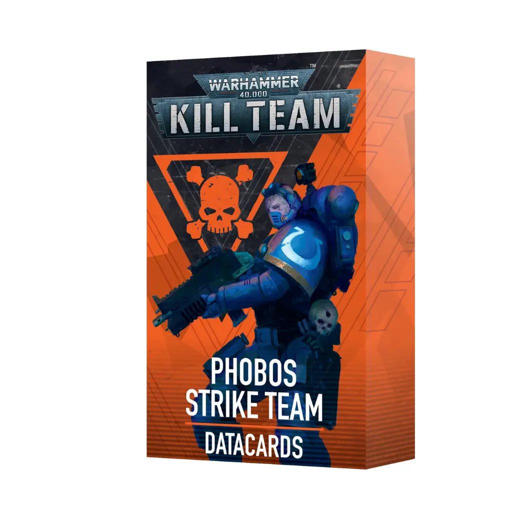 Warhammer 40,000 Kill Team Phobos Strike Team datacards box featuring a blue-armored warrior on an orange background.