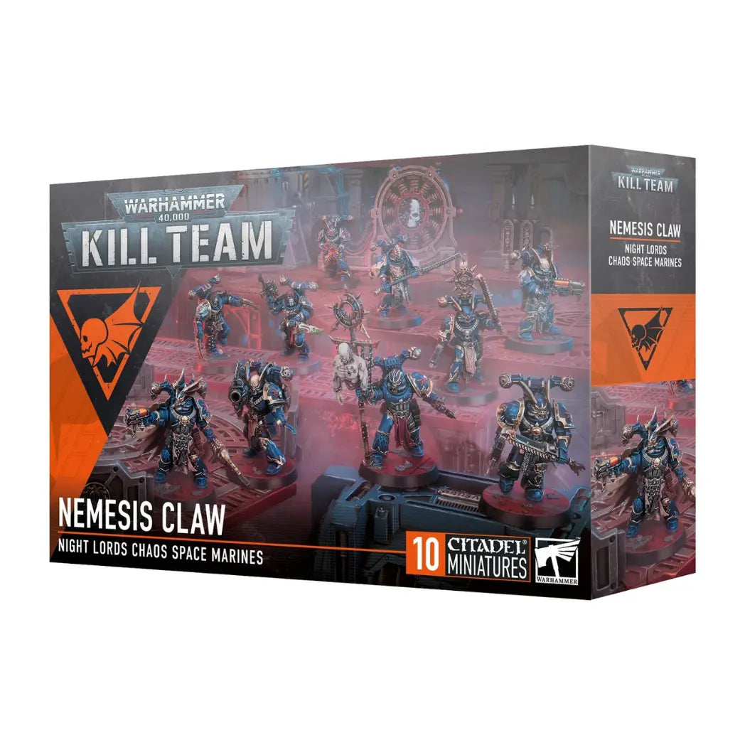 Warhammer 40,000 Kill Team Nemesis Claw box featuring 10 Night Lords in dark blue and gold armor with blue and gold helmets.