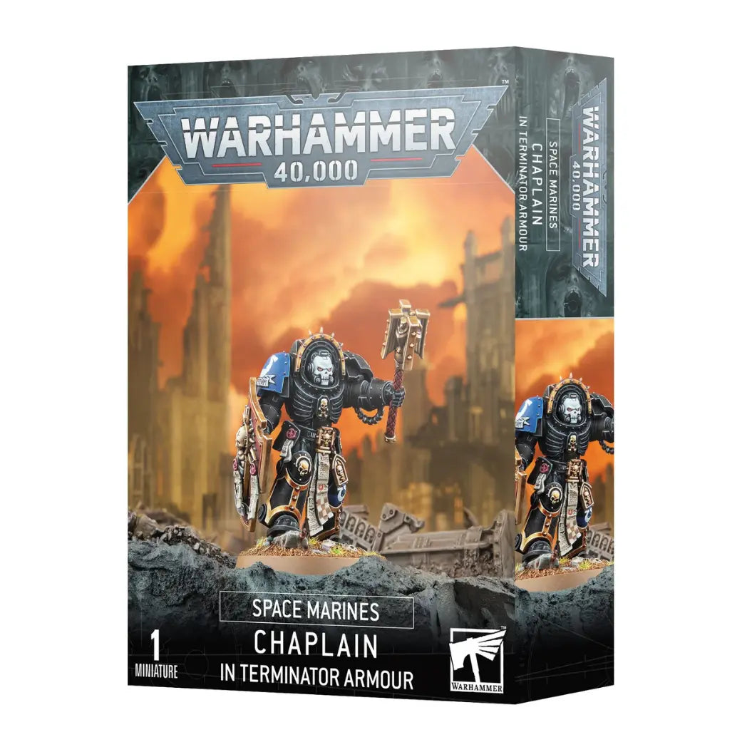 Warhammer 40,000 Space Marines  Chaplain in Terminator Armour box featuring a black-armored warrior with a skull mask and a crozius arcanum.