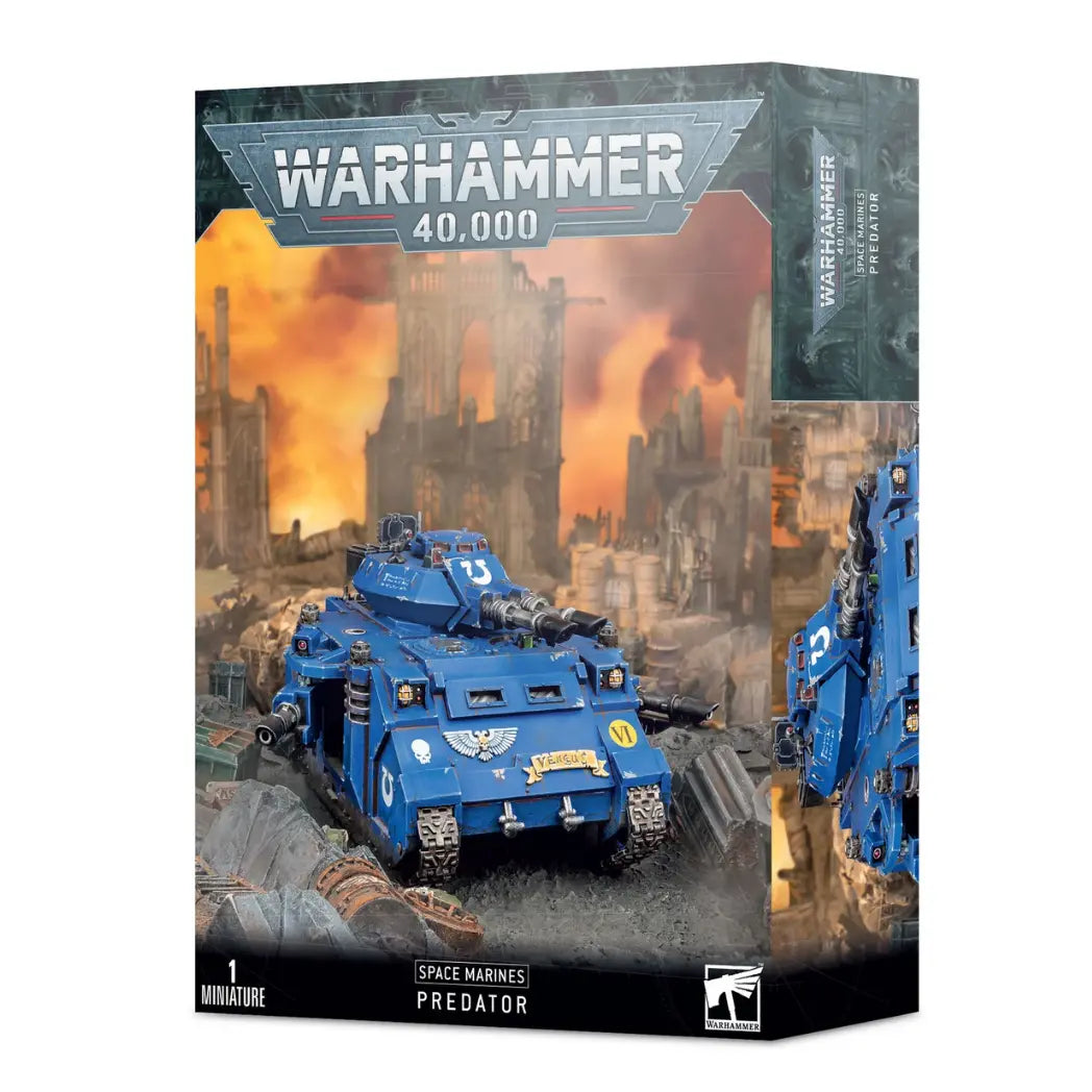 Warhammer 40,000 Space Marines  Predator box featuring a blue-armored battle tank with turret-mounted cannons and side-mounted lascannons.
