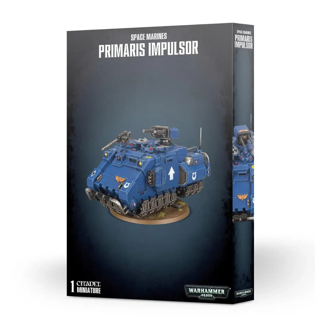 Warhammer 40,000 Space Marines  Primaris Impulsor box featuring a blue-armored grav-transport vehicle with mounted weaponry.