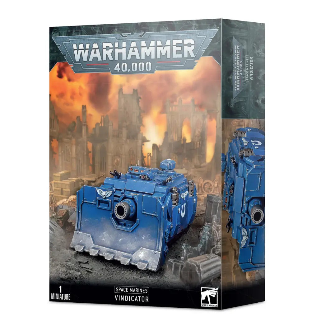 Warhammer 40,000 Vindicator box featuring a blue siege tank with a massive front-mounted demolisher cannon and siege shield.