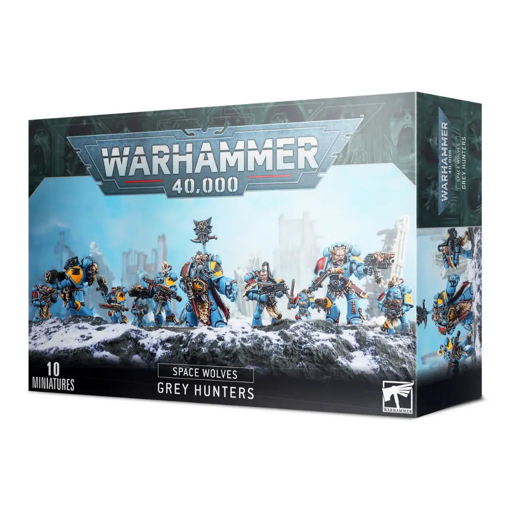 Space Wolves Grey Hunters box featuring ten space marines in light blue armor with wolf furs on a snowy battlefield.