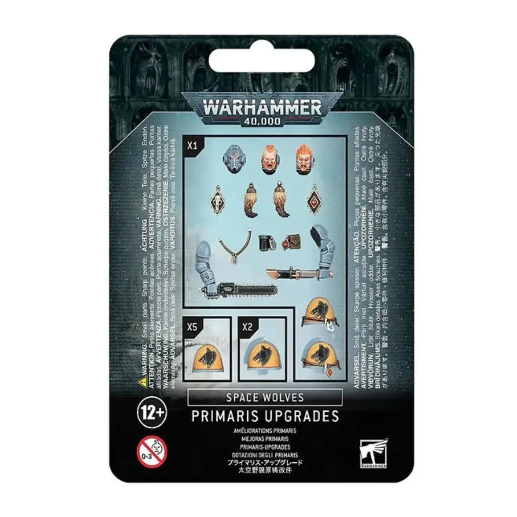 Warhammer 40,000 Space Wolves Primaris Upgrades pack featuring custom heads, wolf-themed shoulder pads, and decorative bits.