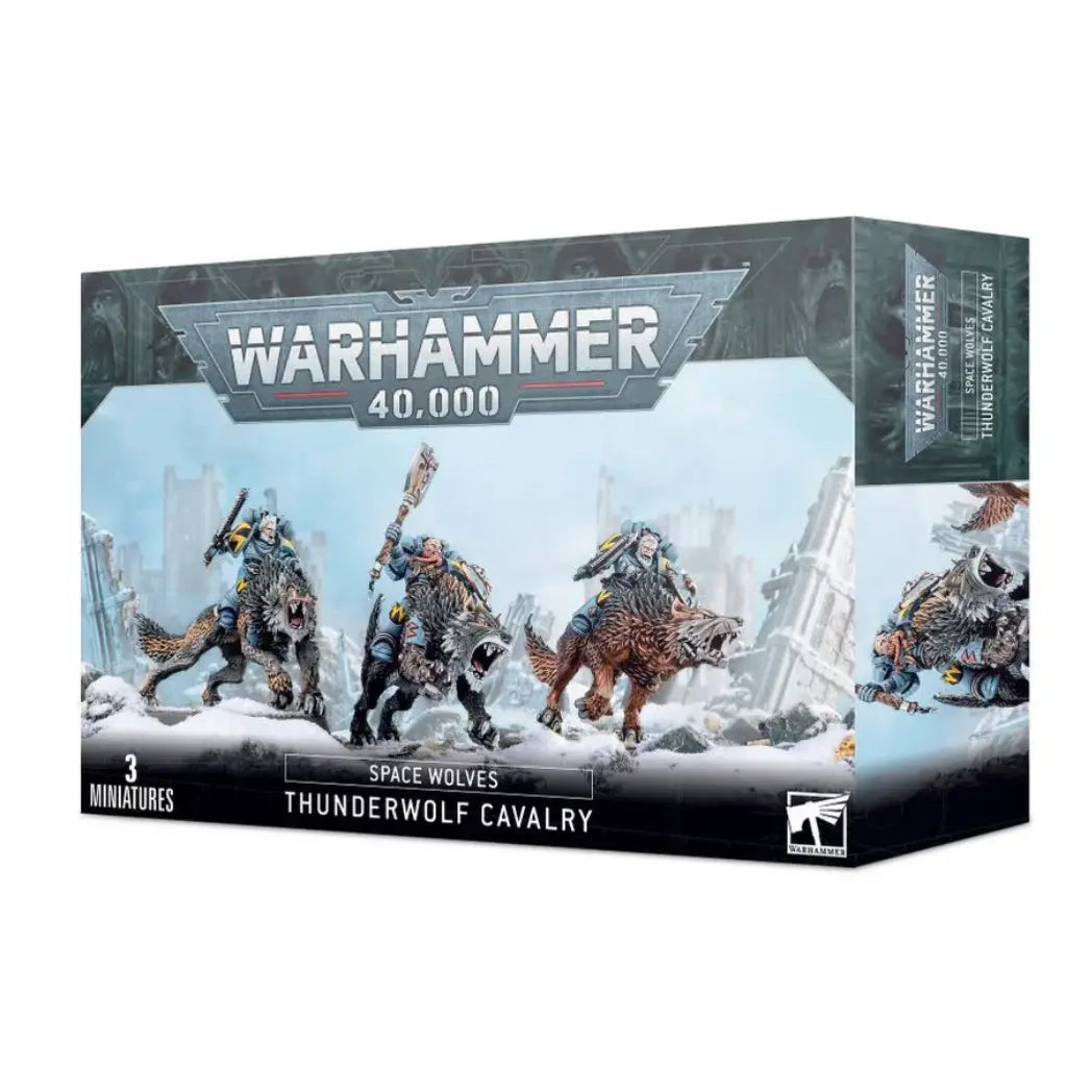 Warhammer 40,000 Thunderwolf Cavalry box featuring three Space Wolves riding giant cybernetic wolves into battle.