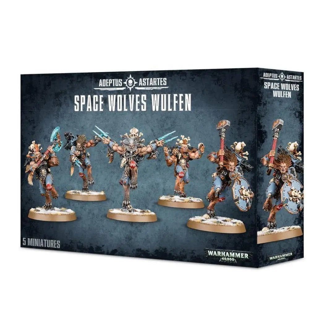 Warhammer 40,000 Space Wolves Wulfen box featuring five feral, werewolf-like warriors with frost claws and thunder hammers.