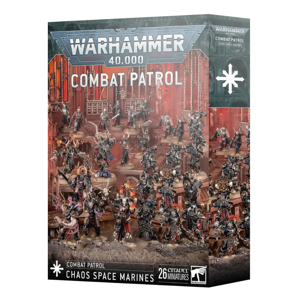 Warhammer 40,000 Chaos Space Marines Combat Patrol box featuring black-armored warriors on a rocky, red-lit industrial terrain.