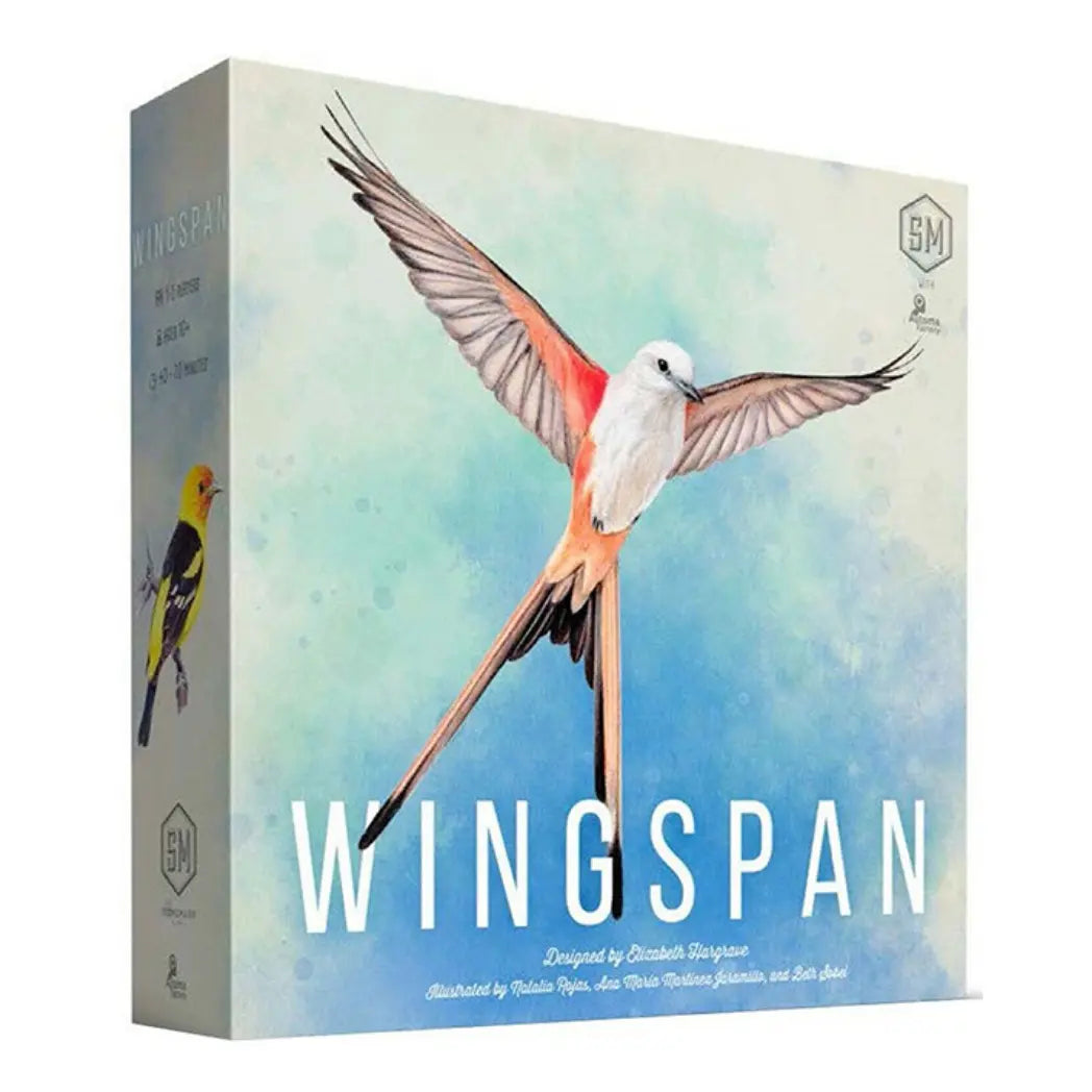 Wingspan board game box featuring a graceful scissor-tailed flycatcher in flight against a soft watercolor blue and green background.