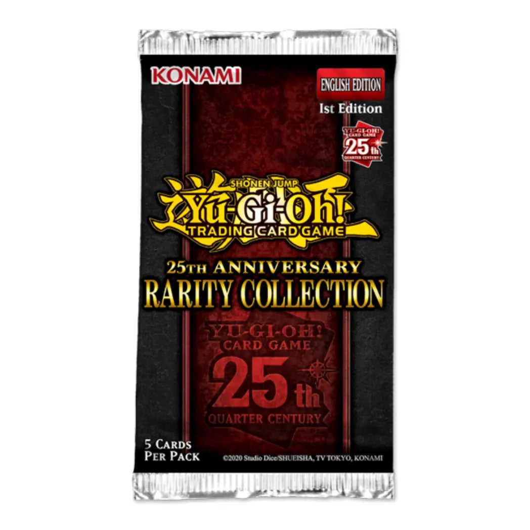 Yu-Gi-Oh! 25th Anniversary Rarity Collection booster pack featuring a black and deep red design with gold lettering