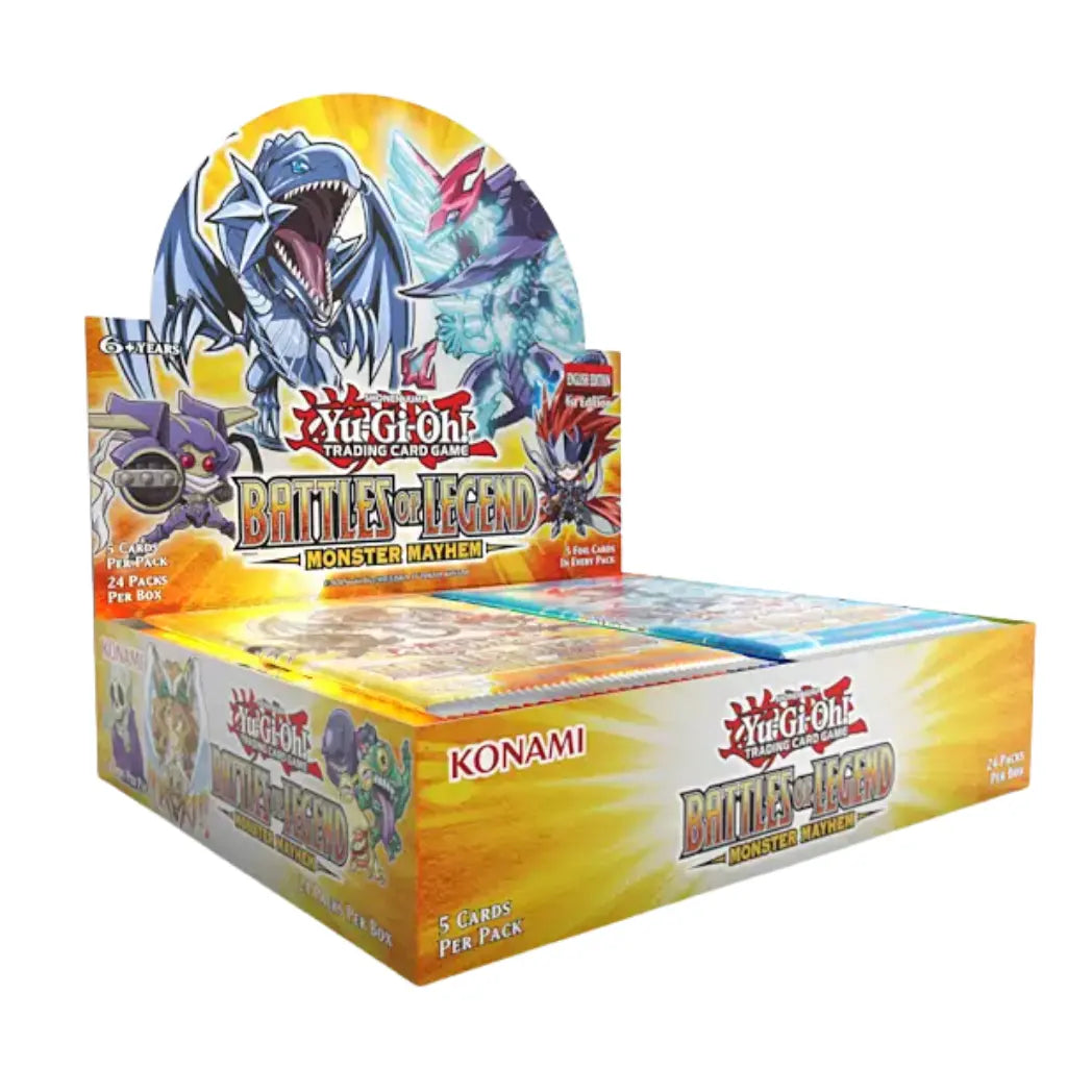 Yu-Gi-Oh! Battles of Legend Monster Mayhem Booster Box containing 24 packs with 5 cards per pack featuring a yellow, orange and white color palette