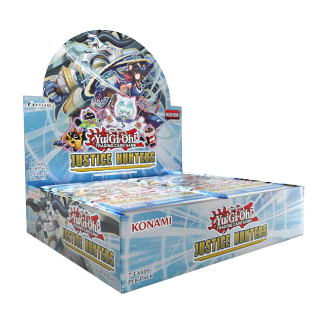 Yu-Gi-Oh! Justice Hunters Booster Box containing 24 packs with 7 cards per pack featuring a lightblue and white color palette