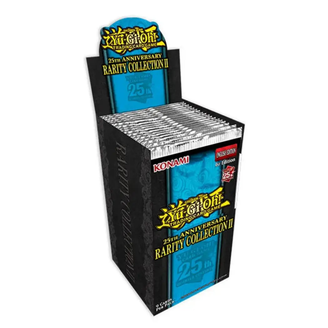 Yu-Gi-Oh! Rarity Collection 2 booster box in black, blue, and yellow with Konami branding