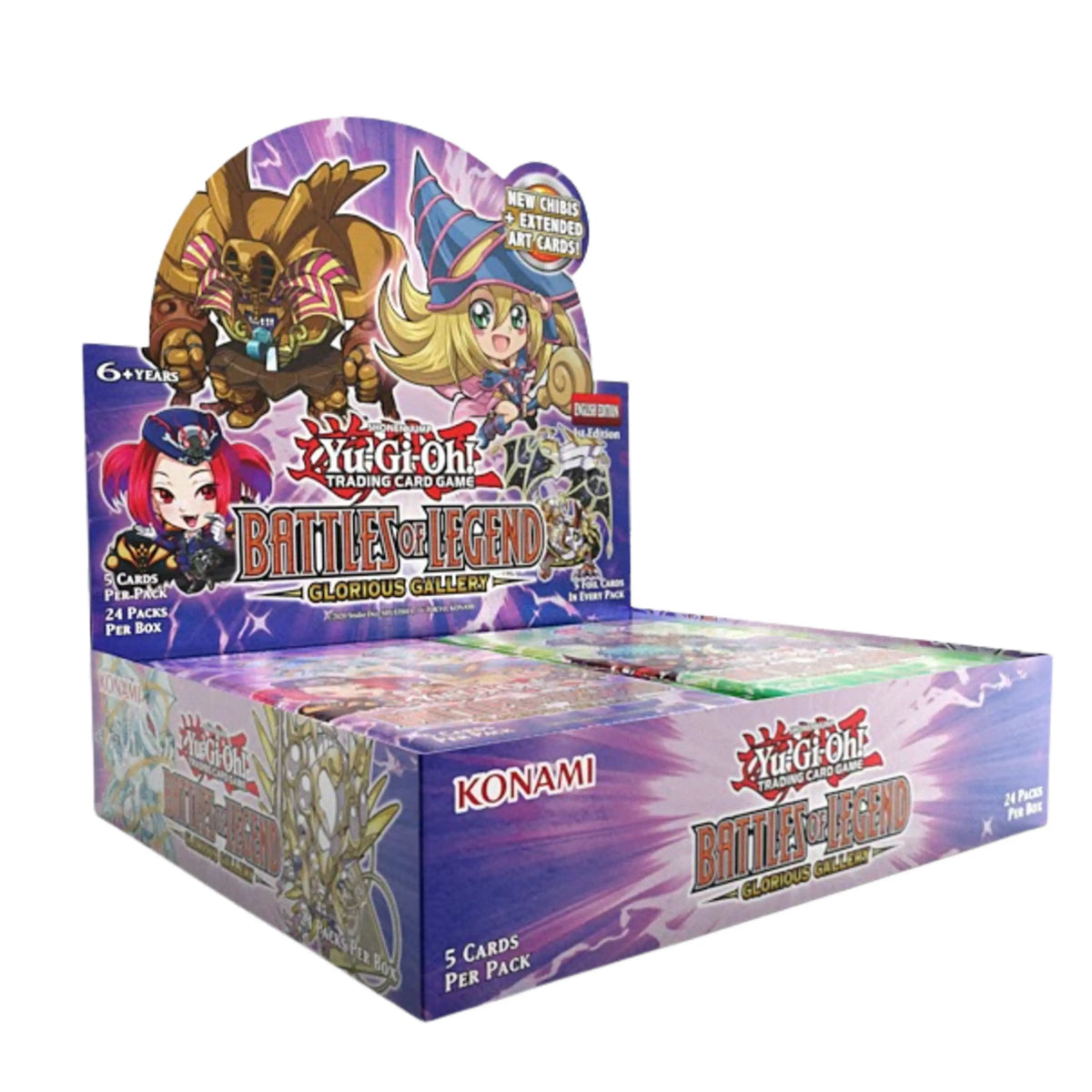 Yu-Gi-Oh! Battles of Legend: Glorious Gallery booster box featuring Chibi Exodia and Dark Magician Girl on a purple background.