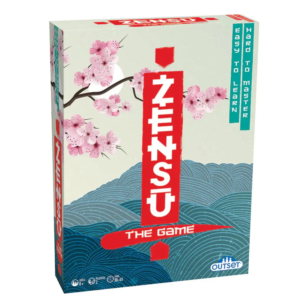 Zensu board game box featuring pink cherry blossoms and blue wave patterns with a bold red vertical title banner.