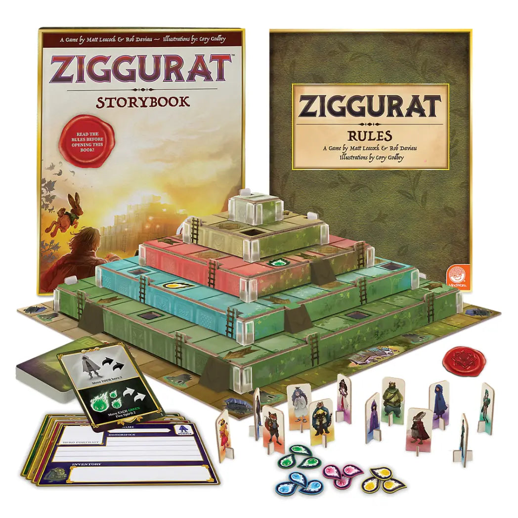 Ziggurat board game setup featuring a multi-tiered 3D pyramid, wooden character standees, and a storybook on a white background.