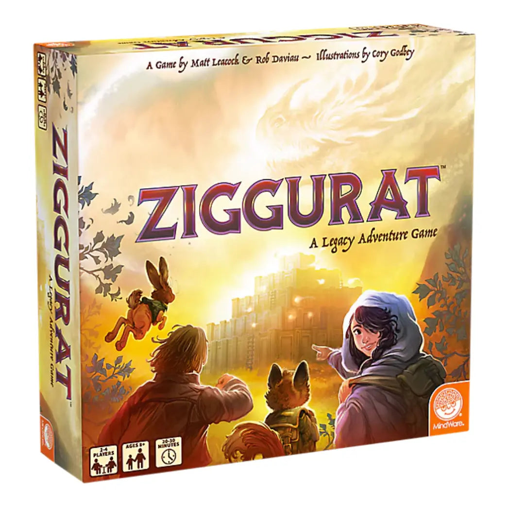Ziggurat board game box featuring adventurers, a rabbit and a fox looking at a glowing golden temple under a dragon-shaped cloud.