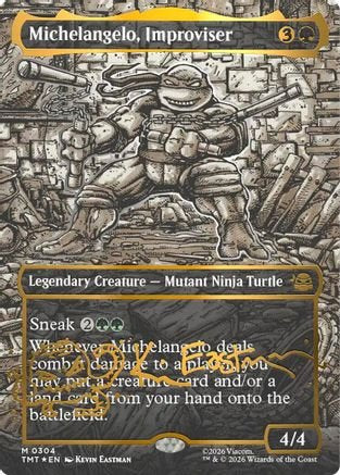 Michelangelo, Improviser (Borderless) (Gold-Stamped Signature) (TMT-304) - Teenage Mutant Ninja Turtles Foil - Card Brawlers